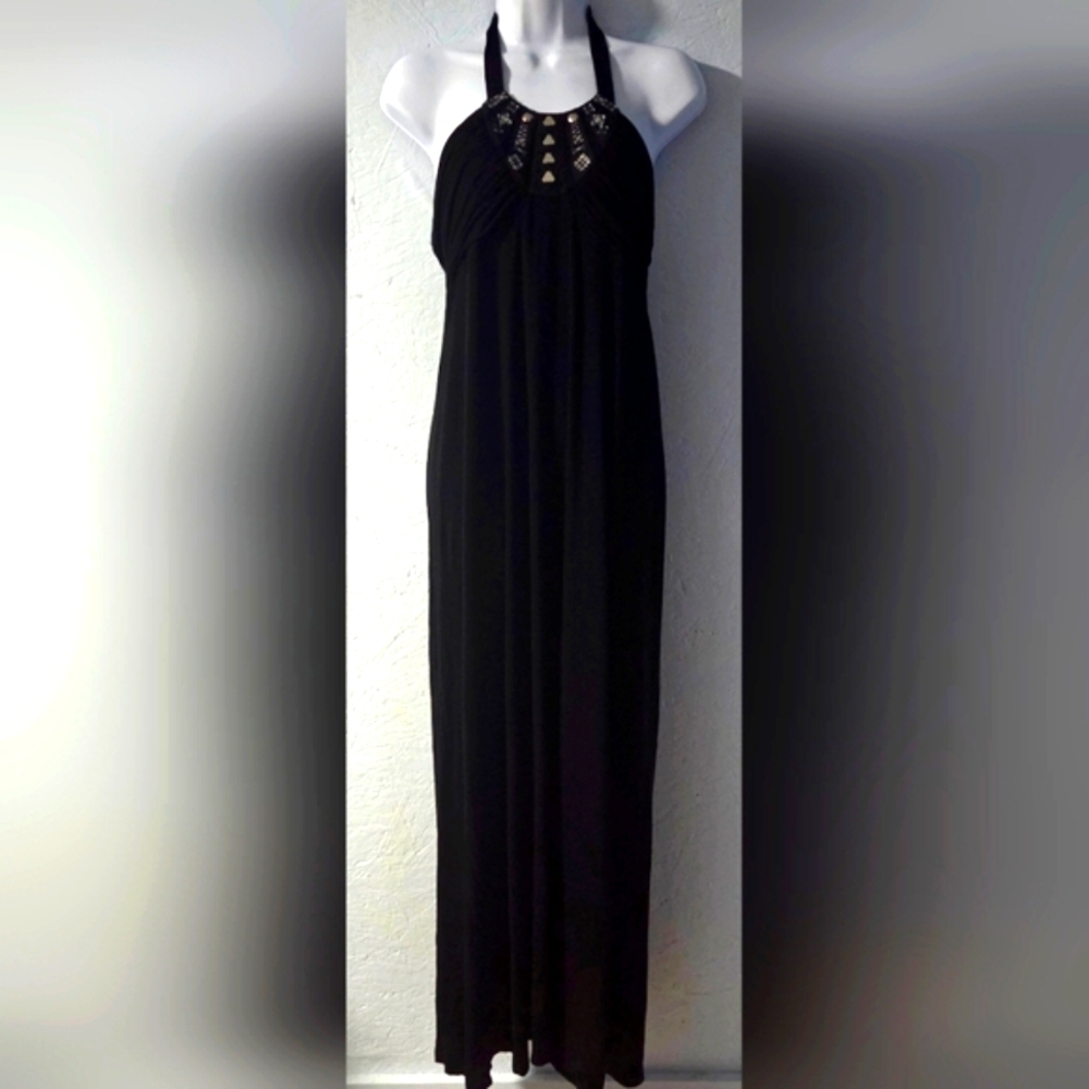 BCBGMaxAzria Black Embellished Knit Halter Maxi Dress - Women's Medium